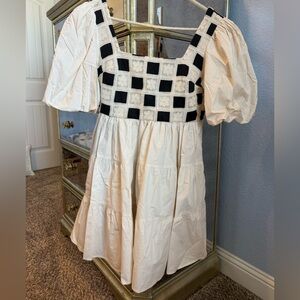 AUREUM Cream Tiered Dress with Black Crochet Check Bodice